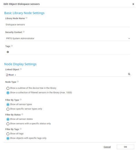Settings of a Library with Diskspace Sensors