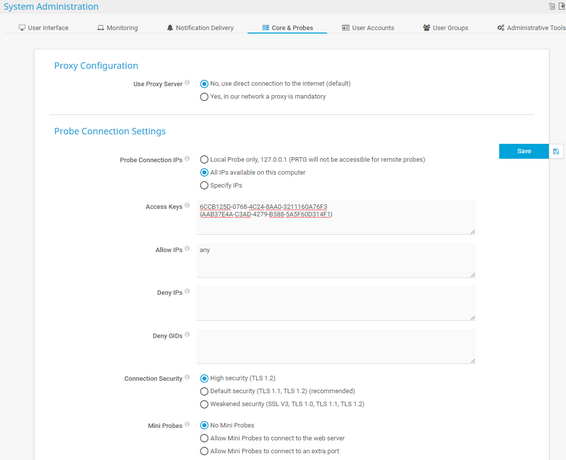 Probe Connection Settings in System Administration